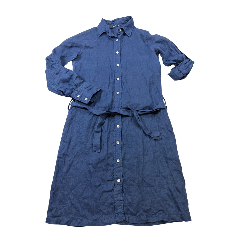 Benson NYC Navy Blue 100% Linen Button Down Belted Shirt Dress Small